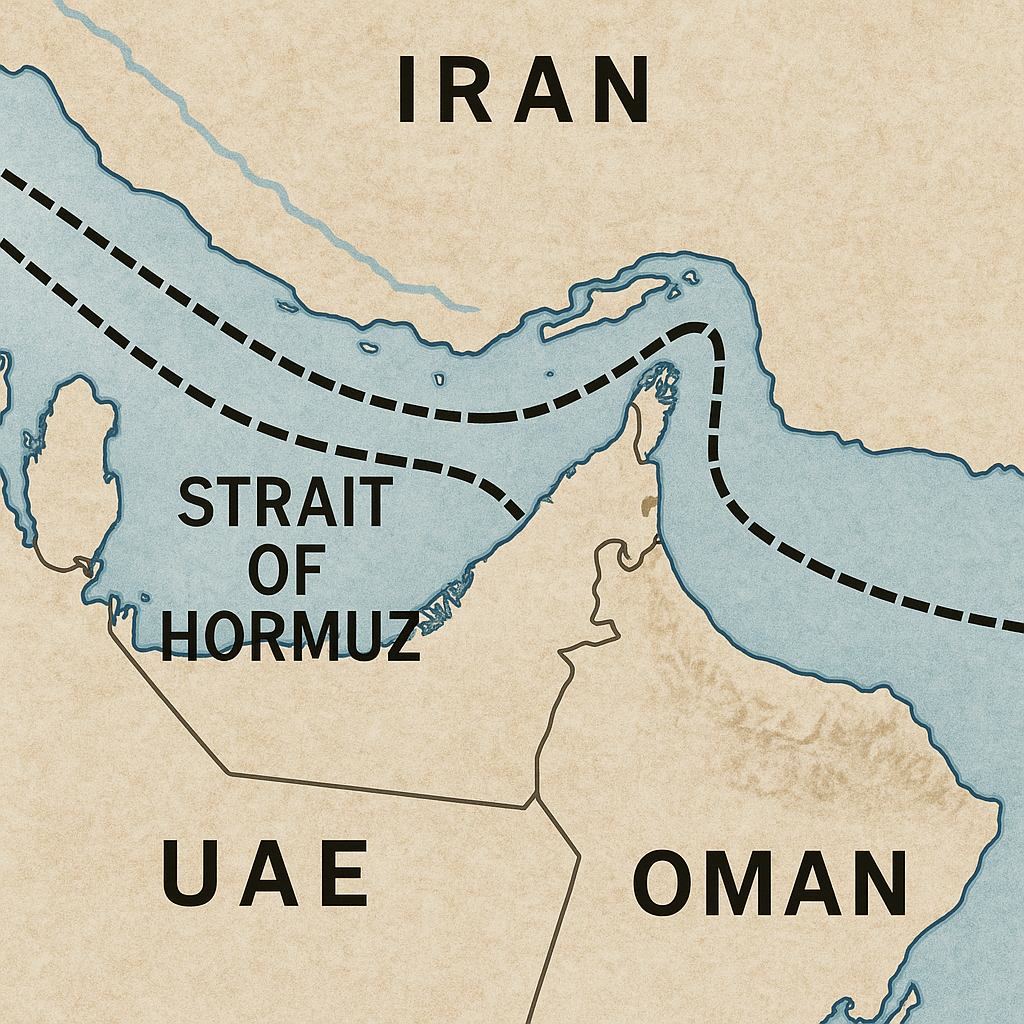 A geopolitical map showing the Strait of Hormuz with annotations about its significance to oil shipping routes