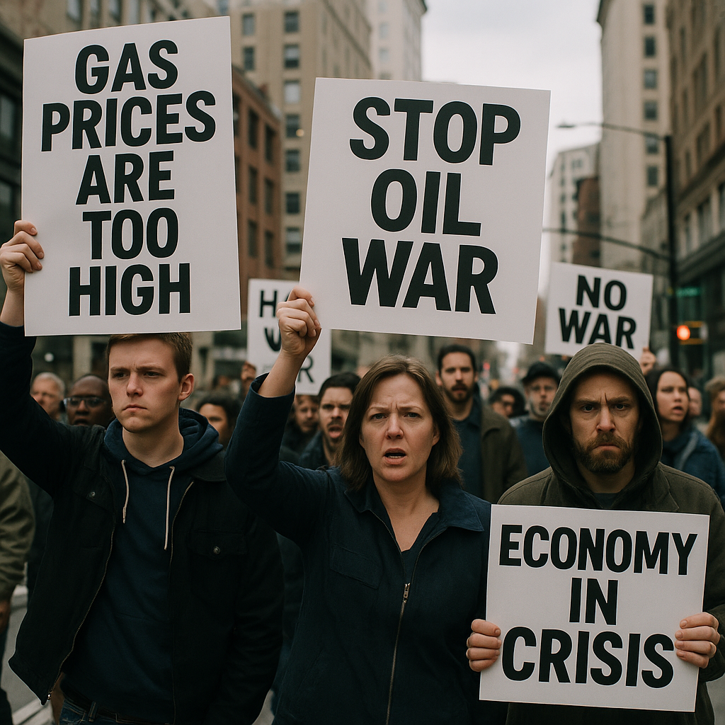 A scene of economic protests in the U.S., with people holding signs related to oil prices and Middle Eastern involvement