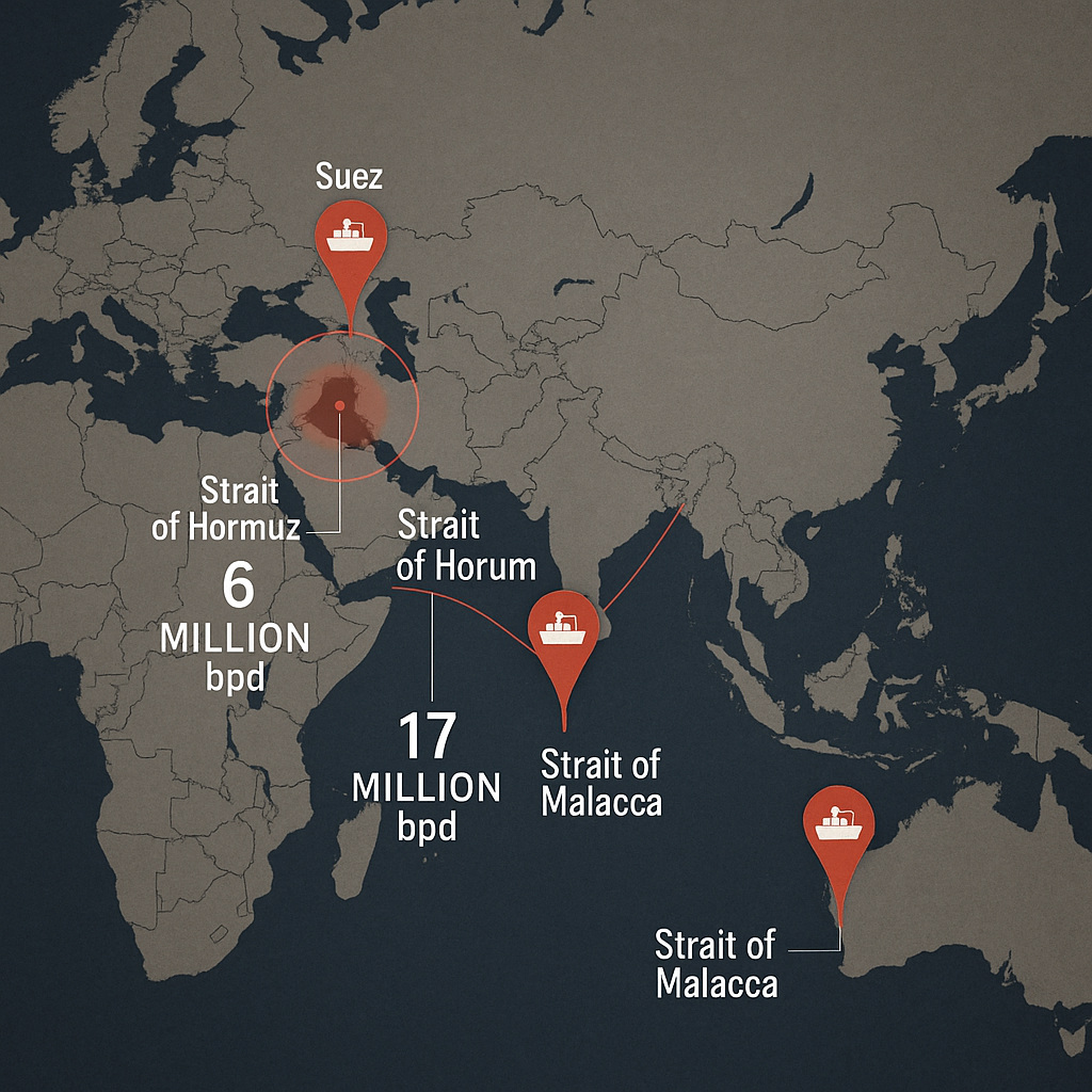 A geopolitical map showing oil trade chokepoints like the Strait of Hormuz