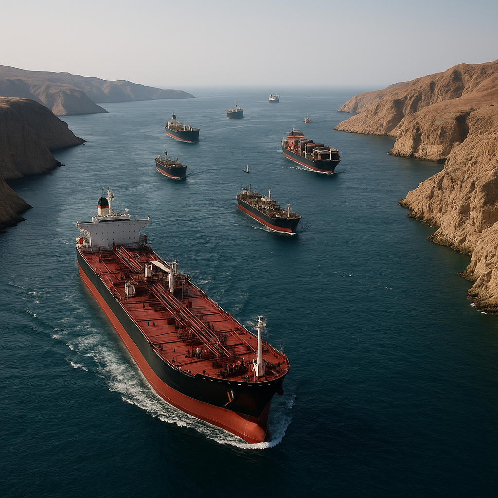 A wide shot of the Strait of Hormuz showing tanker ships navigating through narrow waters
