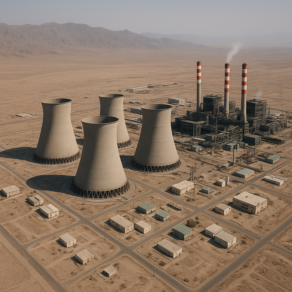 High-angle view of a modern Iranian power plant surrounded by desert terrain