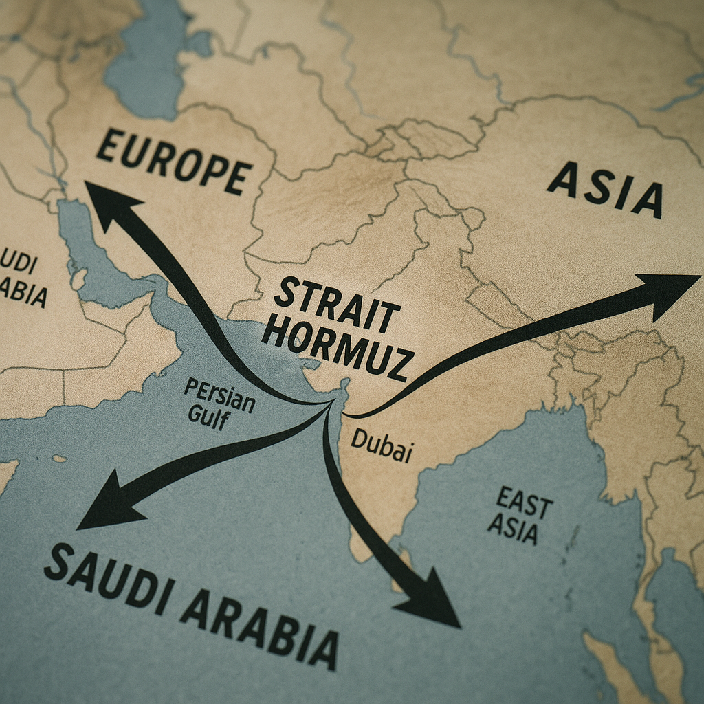 World map highlighting the Strait of Hormuz with arrows showing oil and energy trade routes