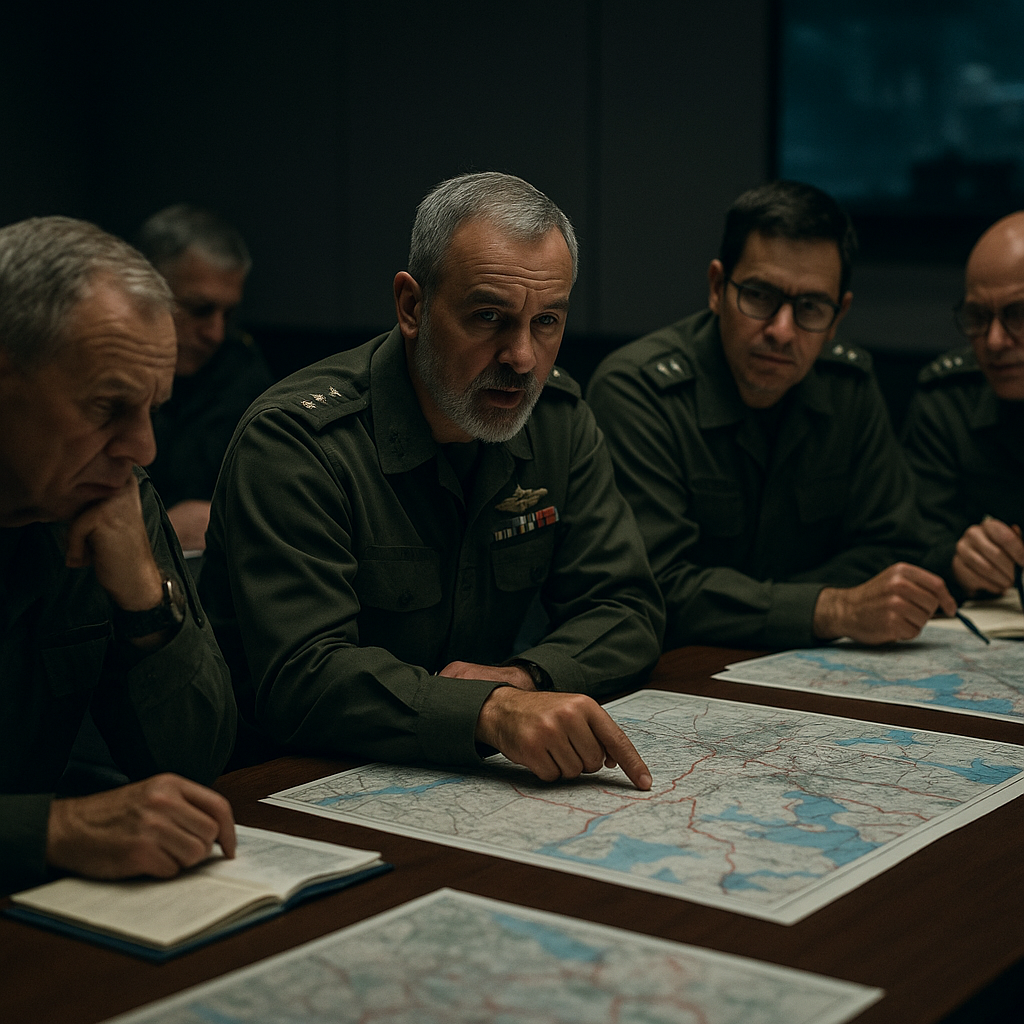 A government meeting table with officials in military attire contemplating a map