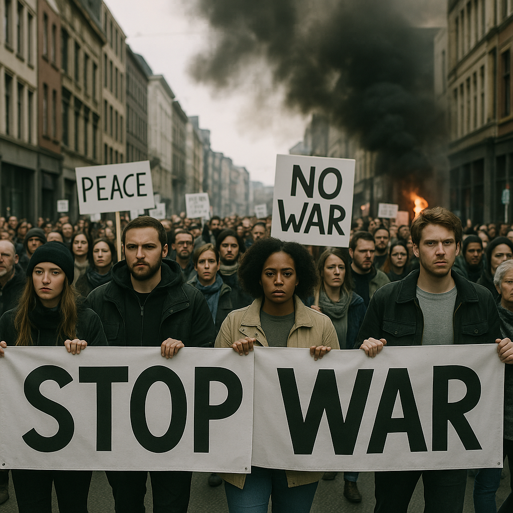 A protest scene from an urban Middle Eastern location highlighting conflict tensions