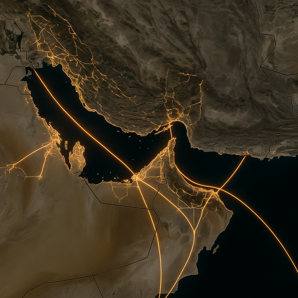 A satellite map showing oil tanker routes in the Gulf region