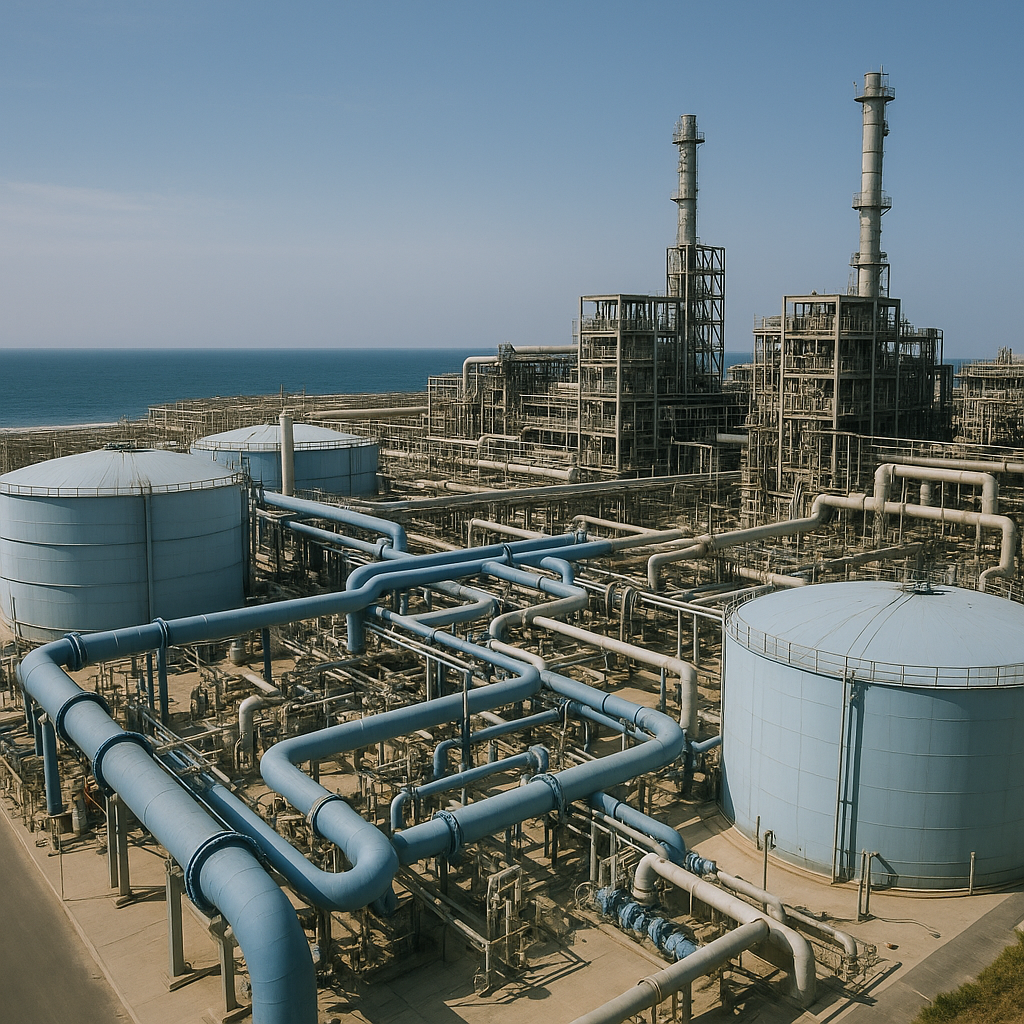 A wide-angle view of desalination plants along a coastline
