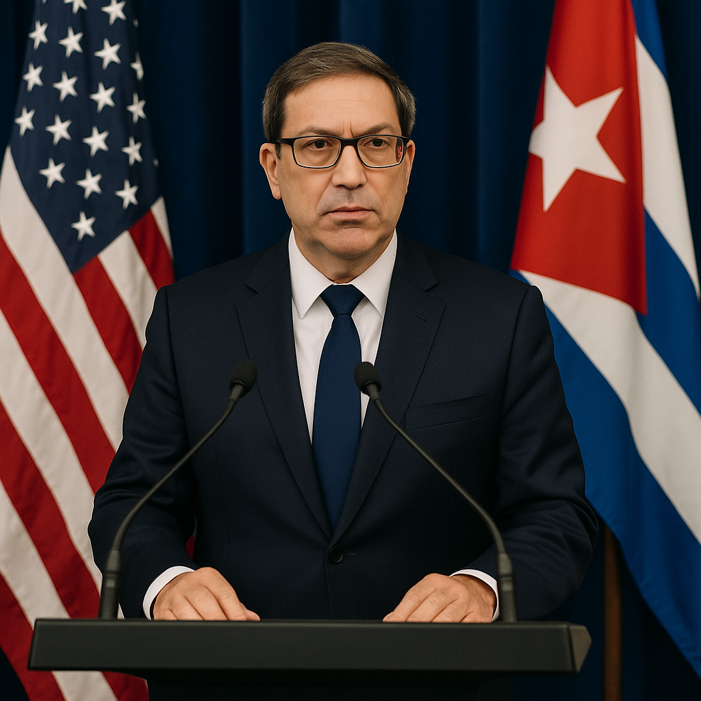 A press conference featuring Marco Rubio standing alongside U.S. and Cuban flags