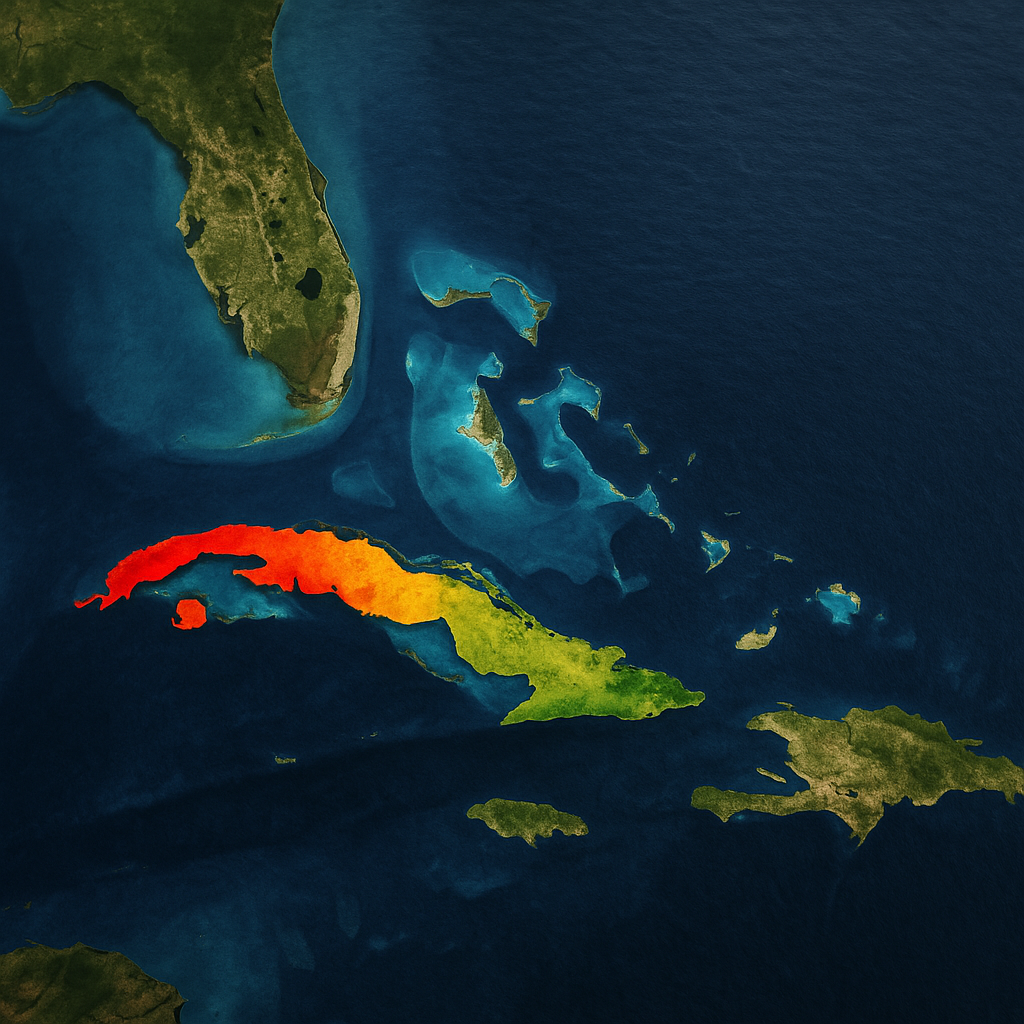 A satellite view of the Caribbean with Cuba highlighted