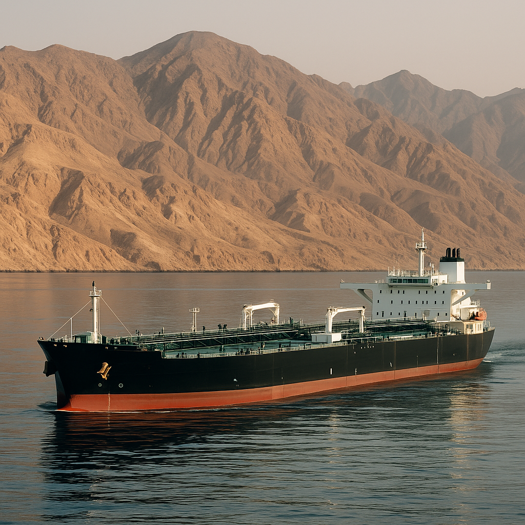 An oil tanker passing through the Strait of Hormuz, symbolizing global energy trade tensions