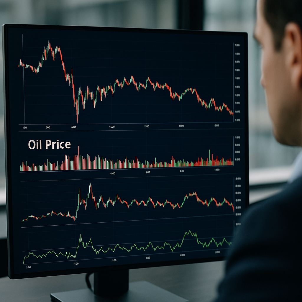 A global oil price chart displayed on a monitor, illustrating volatility tied to the crisis