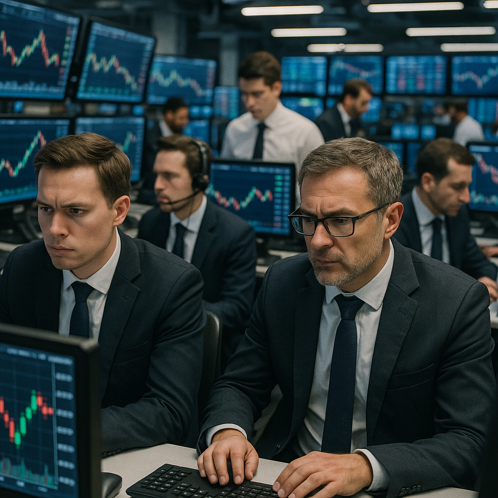 A busy trading floor with stock monitor displays showing mixed market activity