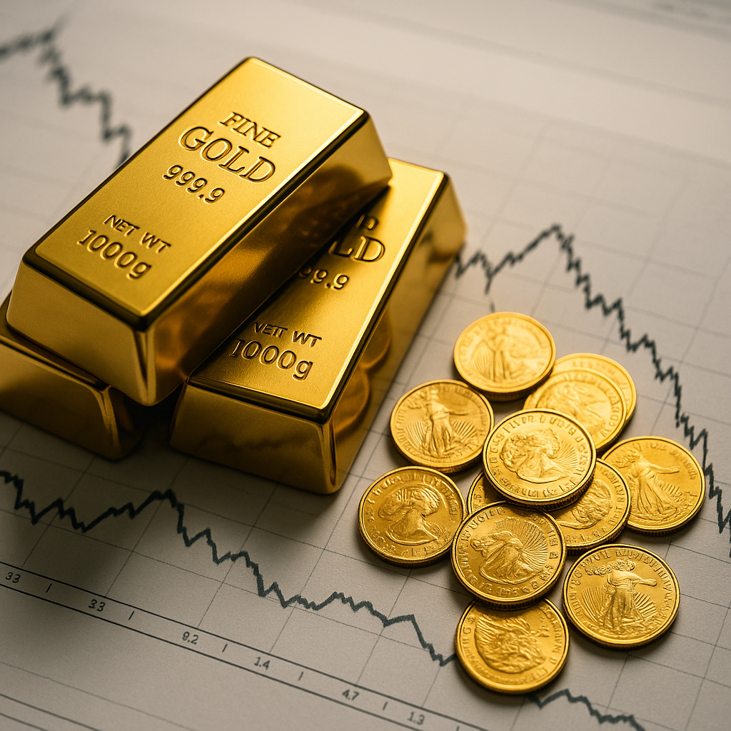 Gold bars and coins placed on financial graphs