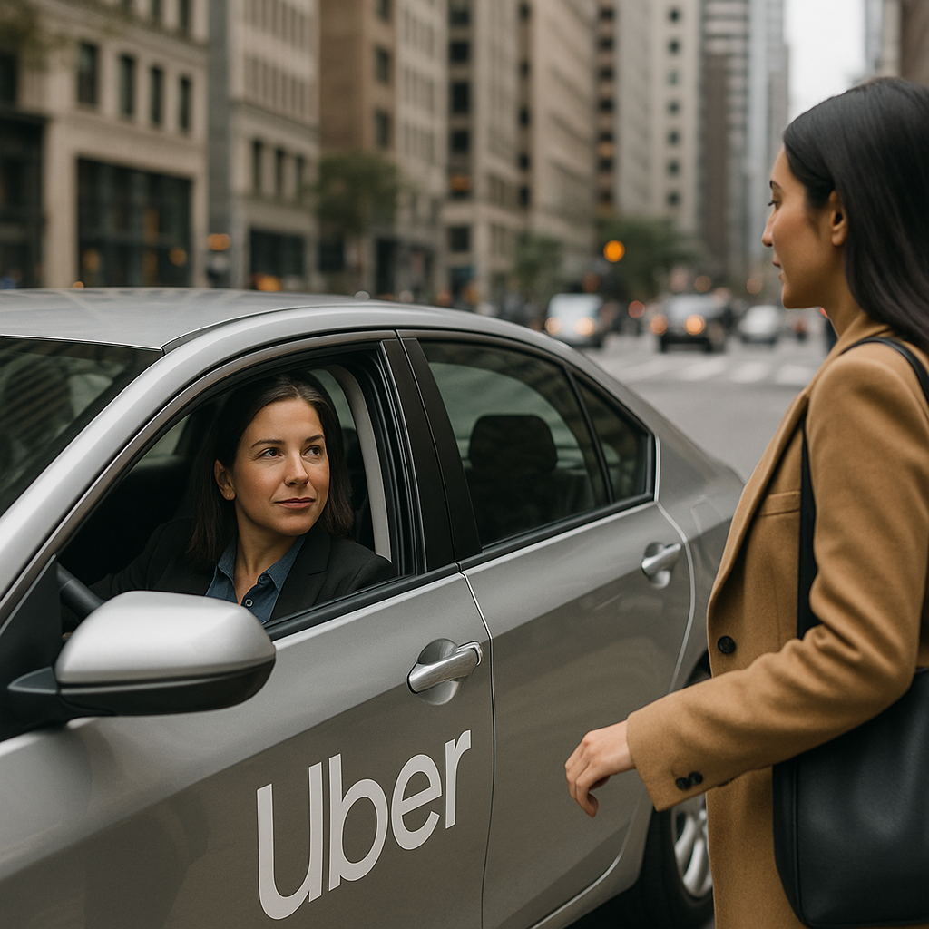 A female Uber driver picking up a passenger in a busy street