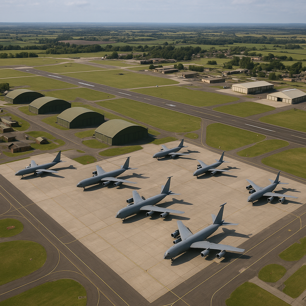 Aerial view of RAF Fairford airbase in Gloucestershire, showcasing military infrastructure and surrounding landscape