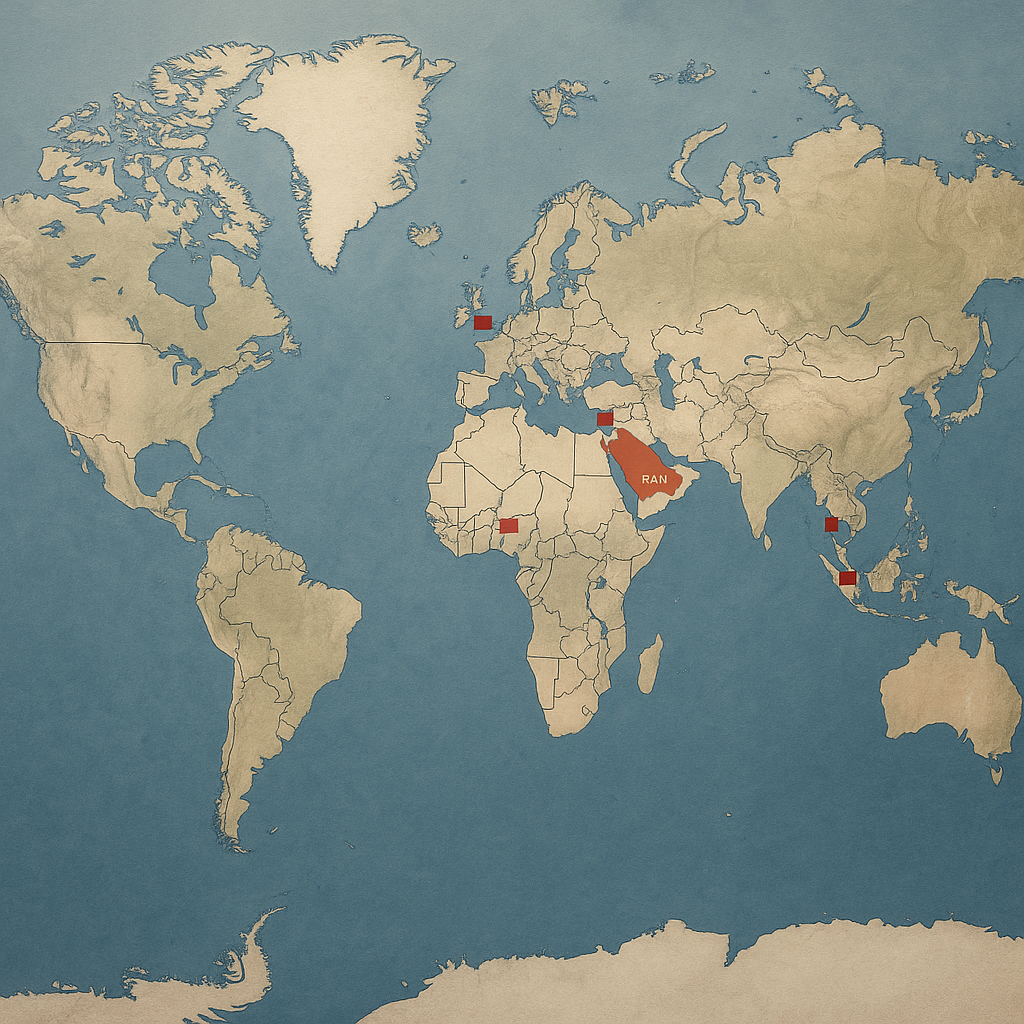 Global map highlighting key military bases involved in international operations against Iran