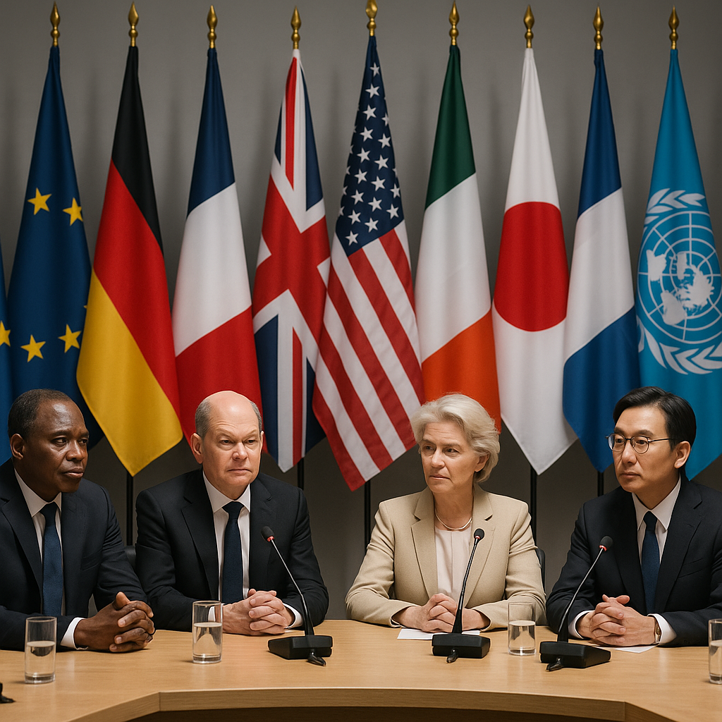 A diplomatic summit room with multiple country flags in the backdrop