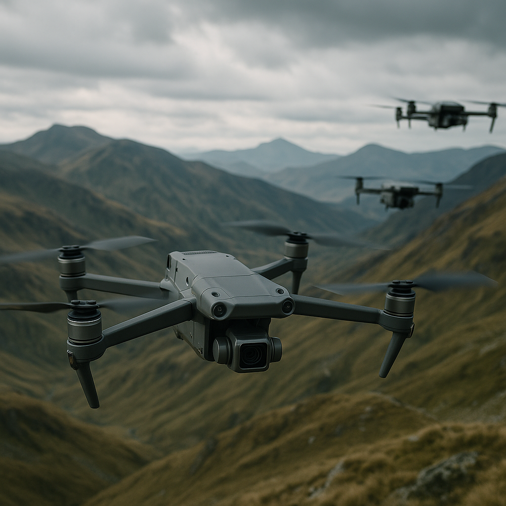 Surveillance drones in flight over a mountainous landscape