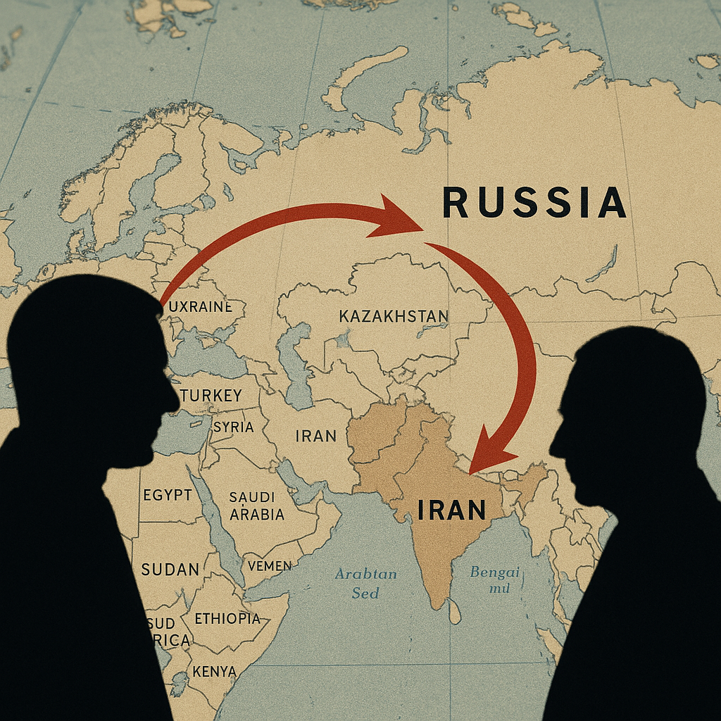 A world map with a focus on Eastern Europe and the Middle East showing trade routes connecting Russia and Iran