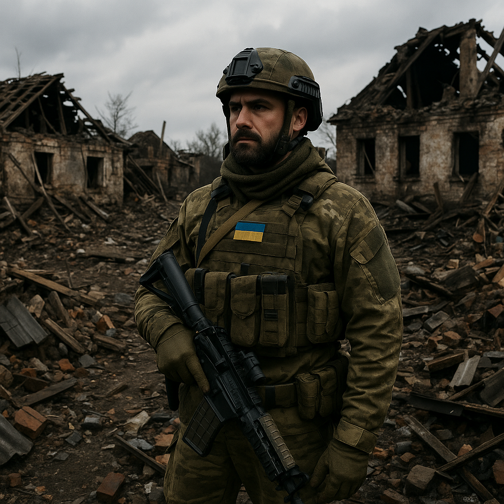 A Ukrainian soldier in a war-torn village, symbolizing the recent territorial gains