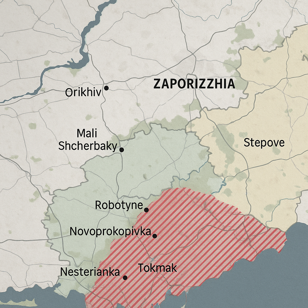 A tactical map showing the Zaporizhzhia region where Ukraine’s gains occurred