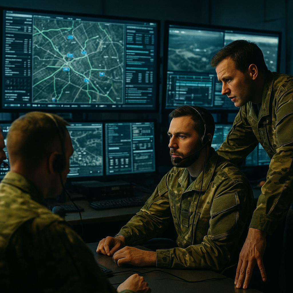 Soldiers analyzing tactical data on digital equipment in a command center