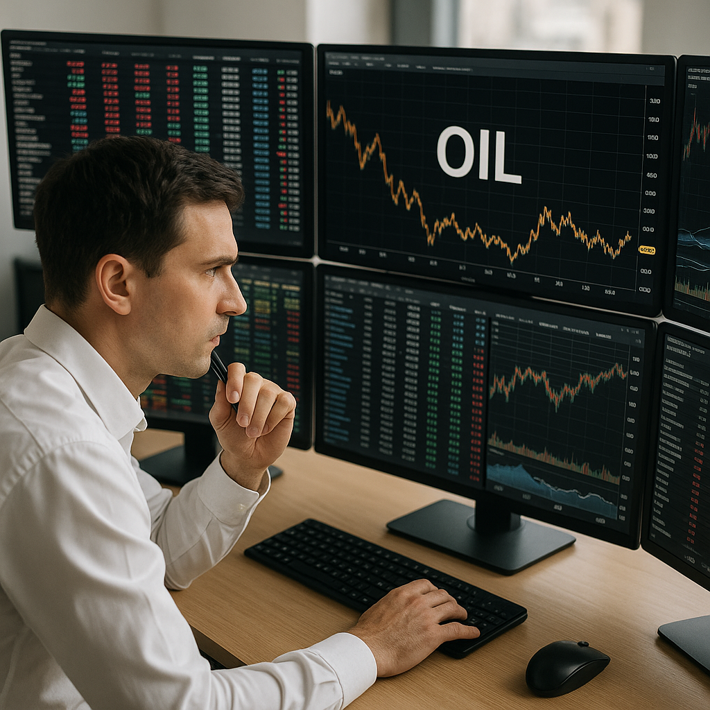 A trader analyzing energy markets on computer monitors showing oil price movements