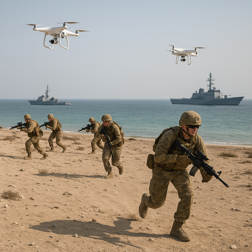 Military operations in progress on an arid Gulf island with aerial drones visible