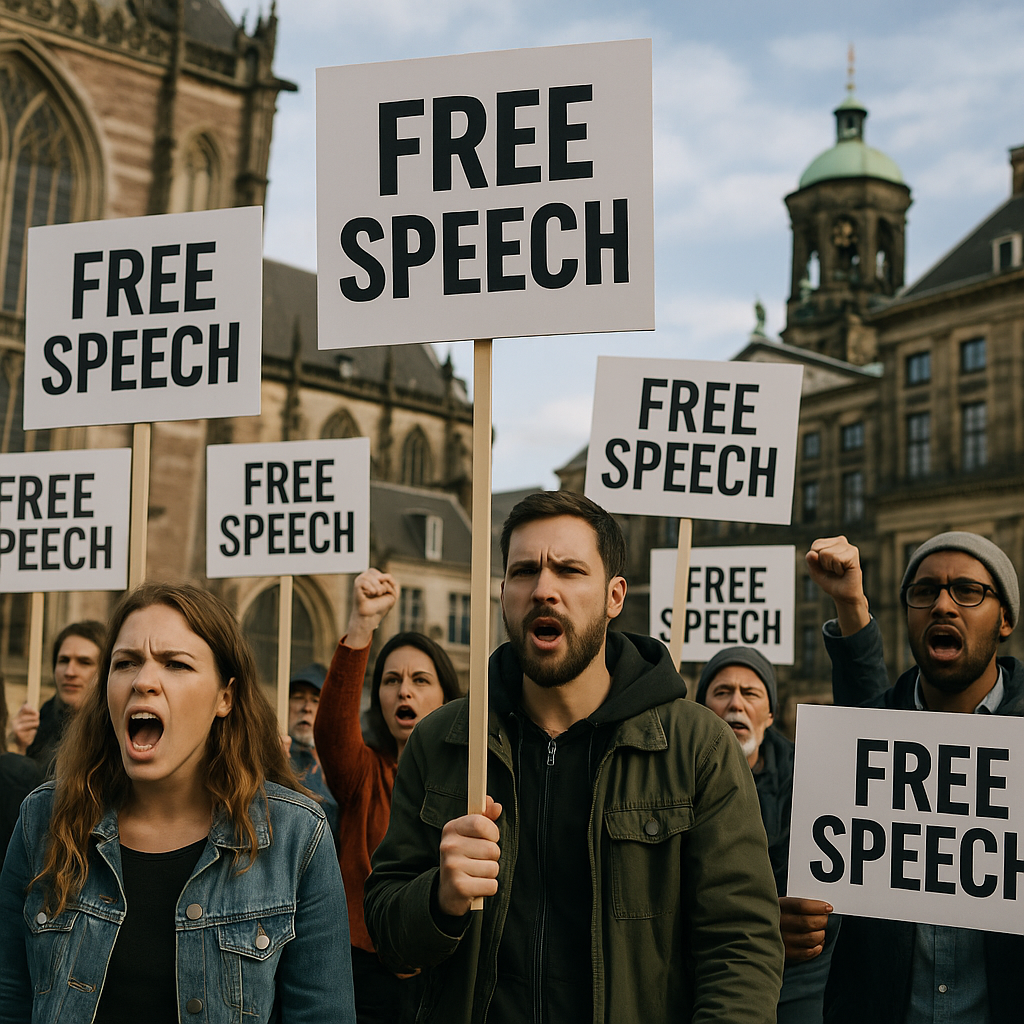 Protesters in Europe carrying signs advocating free speech