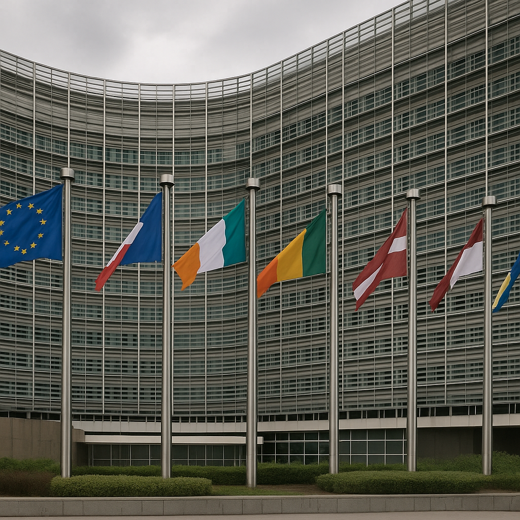 European Union headquarters in Brussels with flags of member states