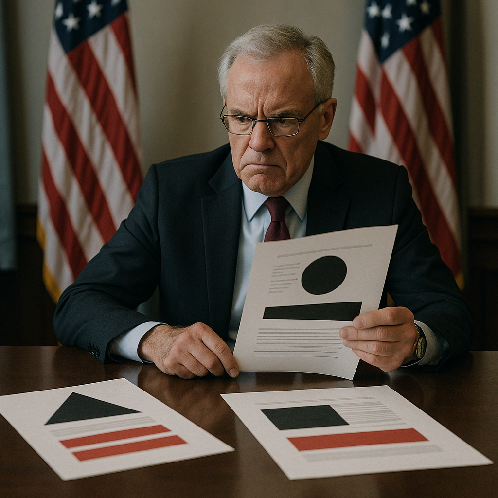 A government office with American flags and official abstract documents in focus, portraying political tension.