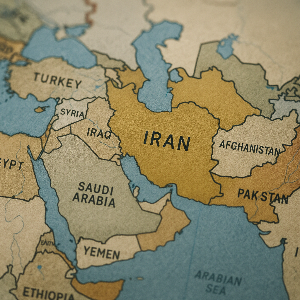 A regional map of the Middle East highlighting Iran and neighboring countries, symbolizing geopolitical strategies.