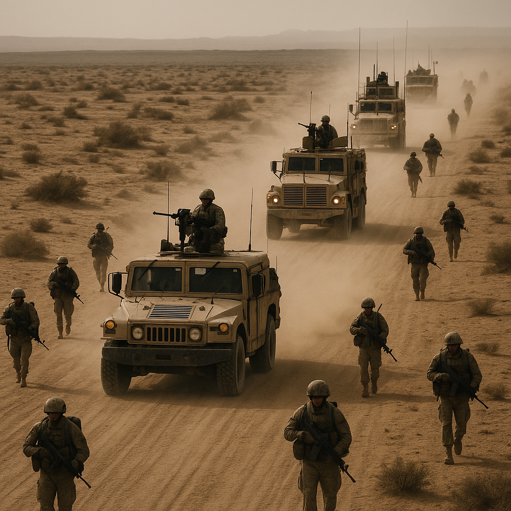 A military convoy crossing a desert area, symbolizing ongoing conflicts in the Middle East.