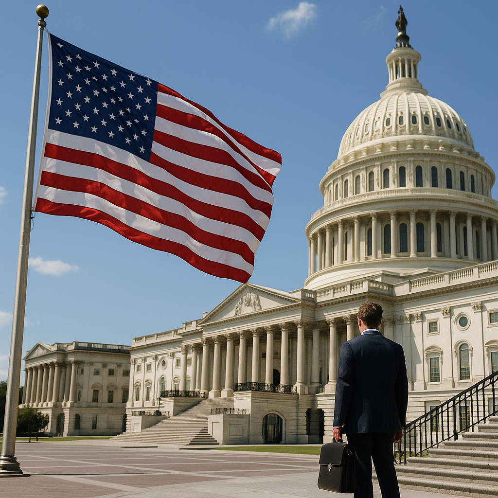 A panoramic view of Capitol Hill in Washington D.C., with the US flag prominently displayed