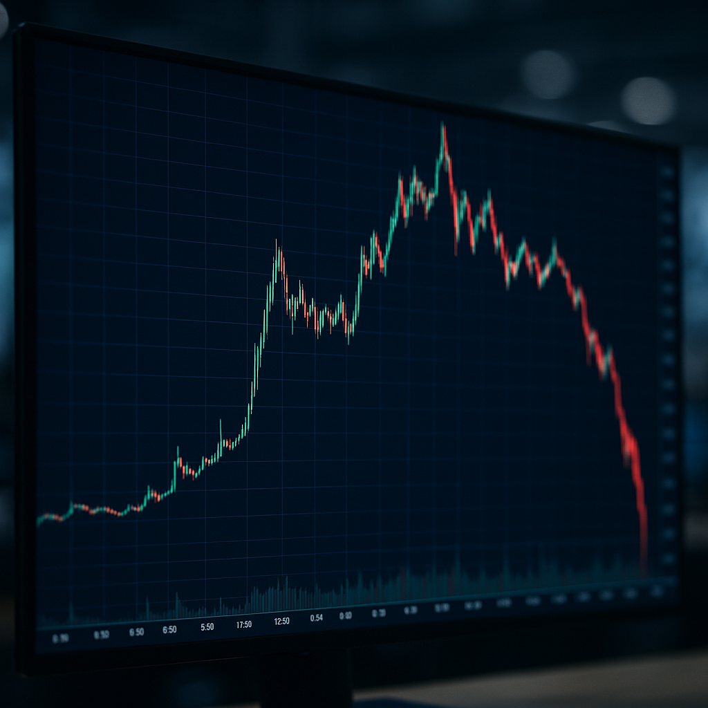 A digital stock chart showing steep fluctuations, representing volatile financial markets