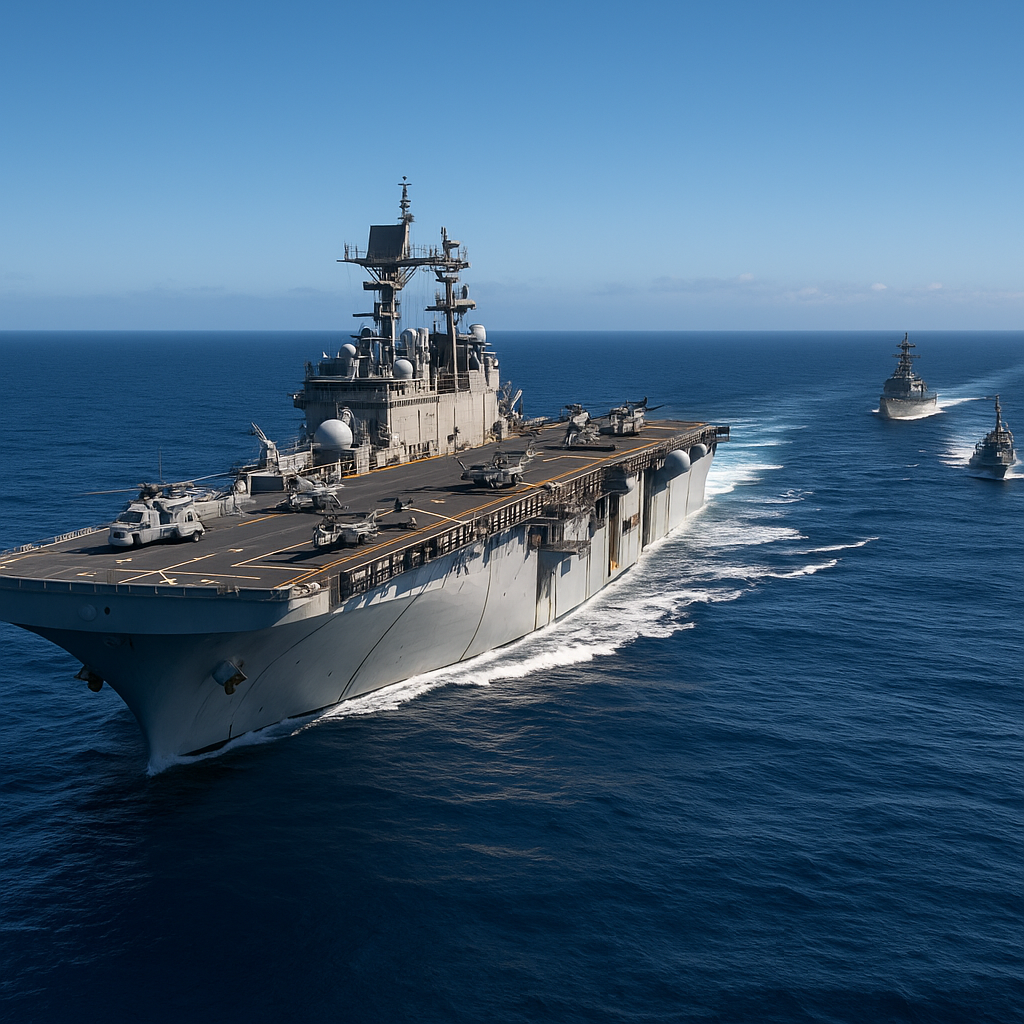 A US Navy warship sailing in open waters, flanked by smaller support vessels