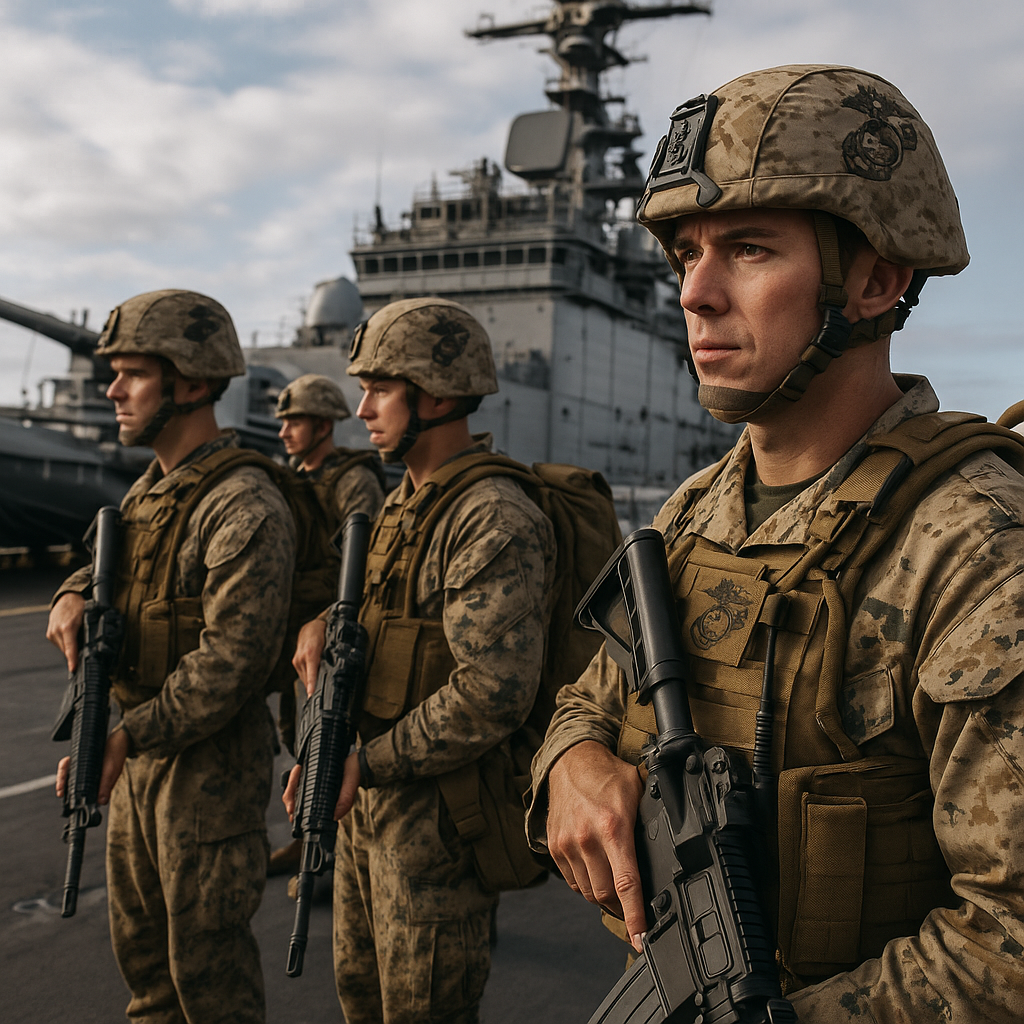 Military personnel onboard an amphibious assault ship, engaging in preparatory exercises