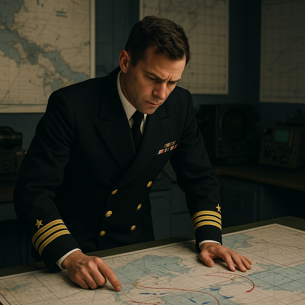 A naval officer in uniform reviewing mission strategy maps on a conference table