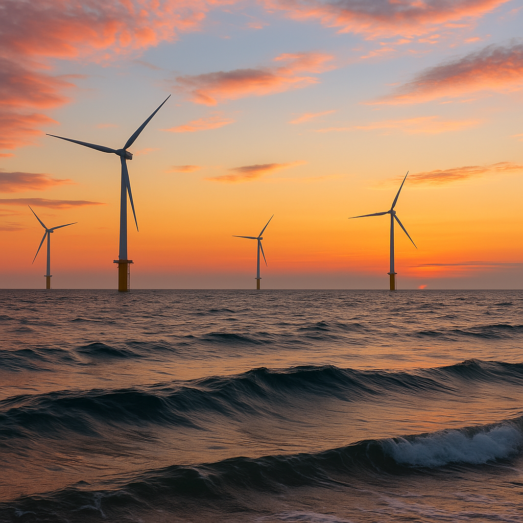 Wind turbines at sea during a sunset