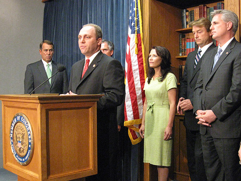 Government press conference podium with focus on a government seal