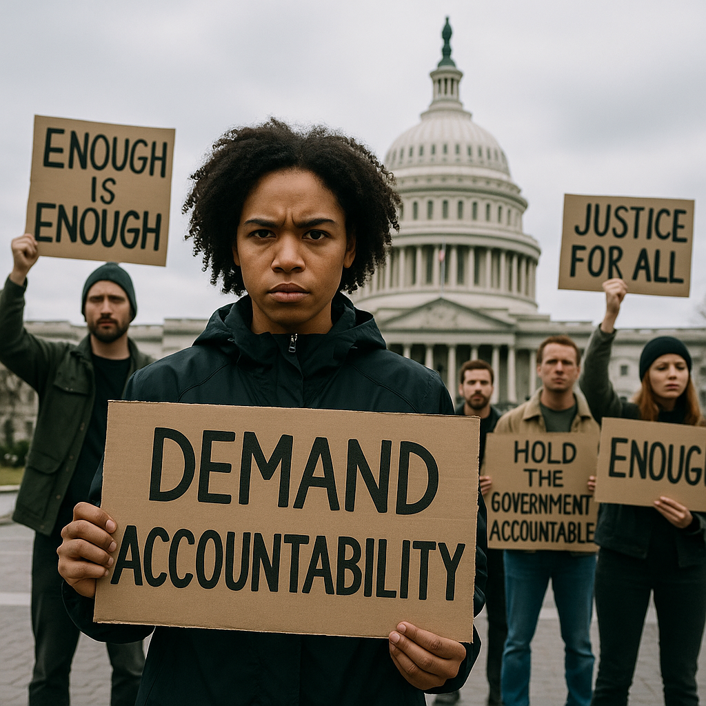 A Capitol Hill protest with signs about government accountability