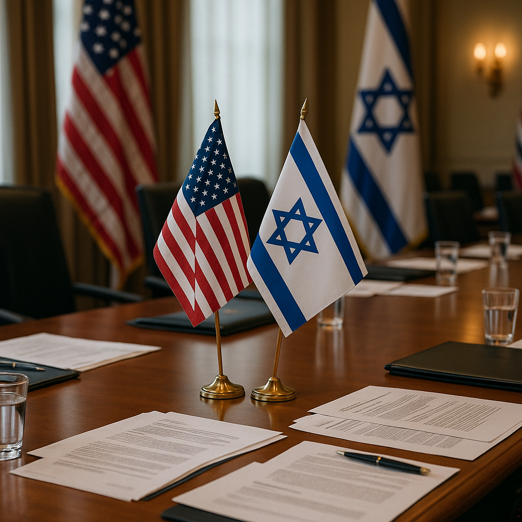 A high-level meeting room in Washington DC with flags of the US and Israel on display