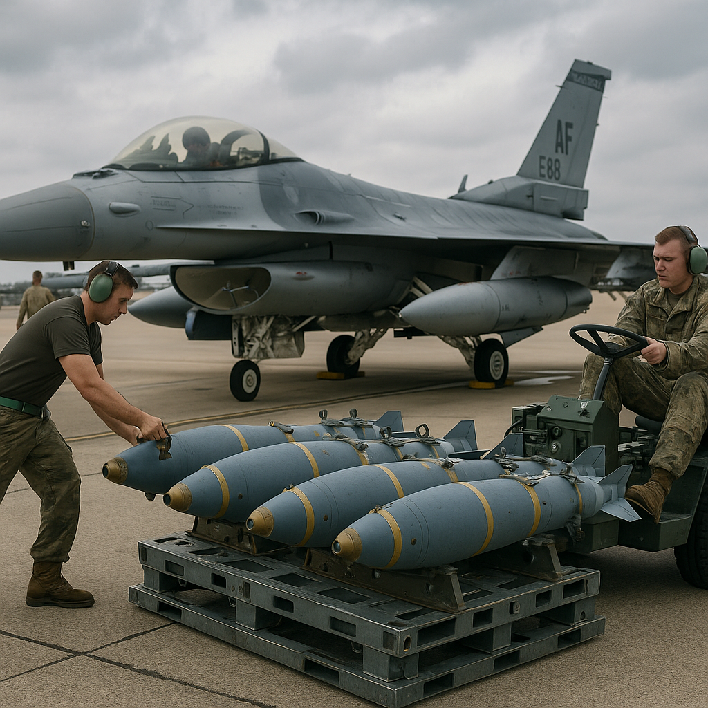 A military aircraft loading precision-guided munitions onto cargo pallets