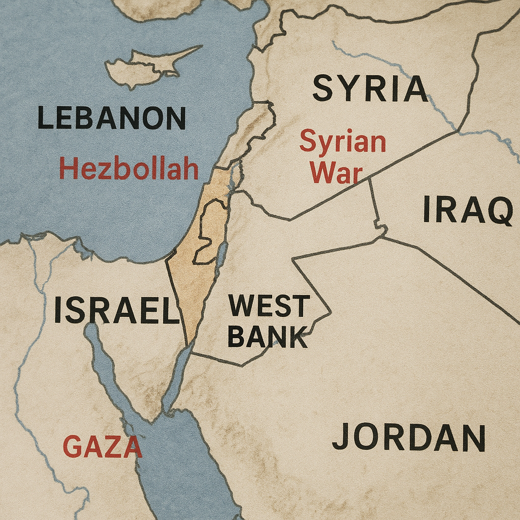 A map highlighting the Middle East with major geopolitical hotspots labeled