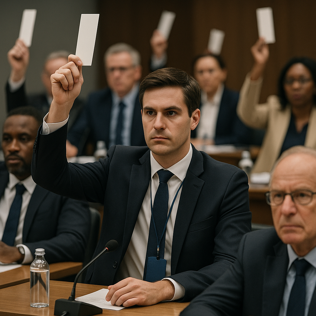 Inside the UN General Assembly Hall, delegates casting votes