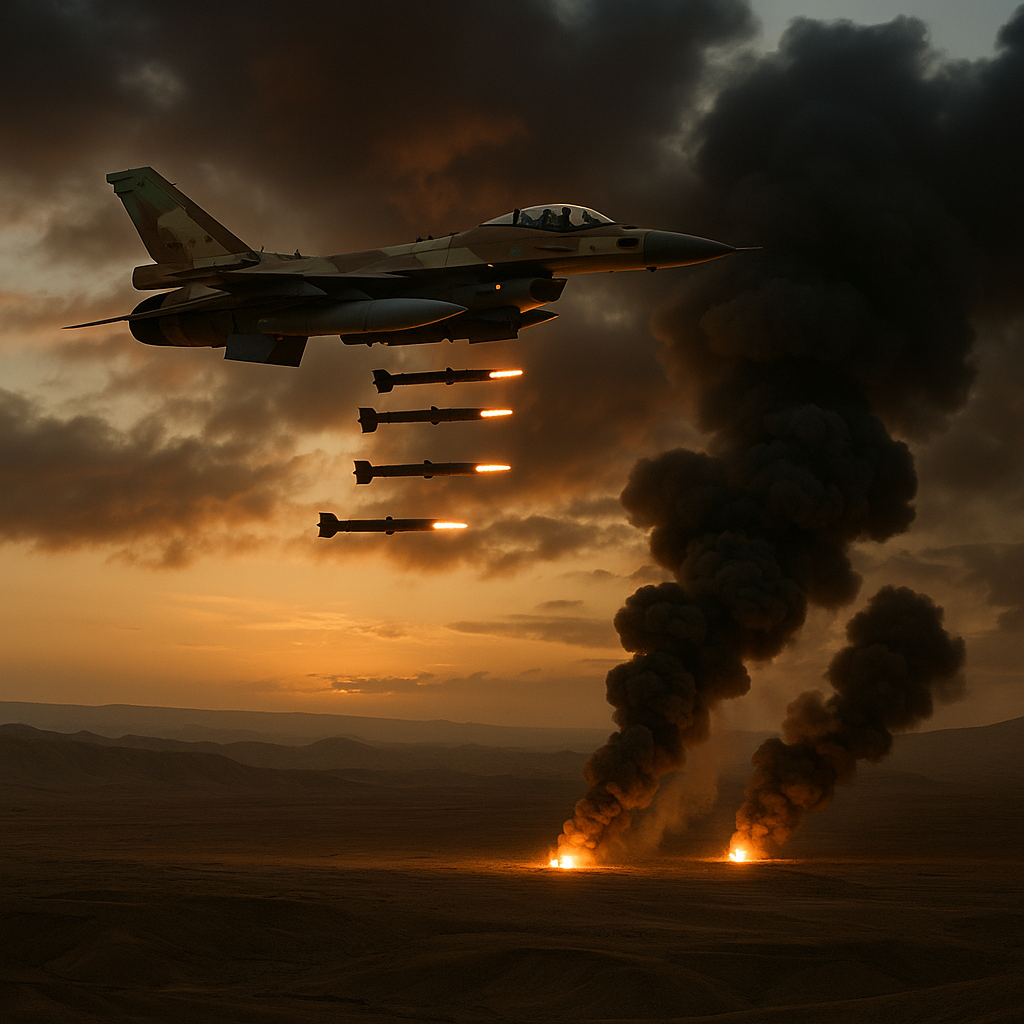 An Israeli fighter jet during an airstrike in a desert landscape