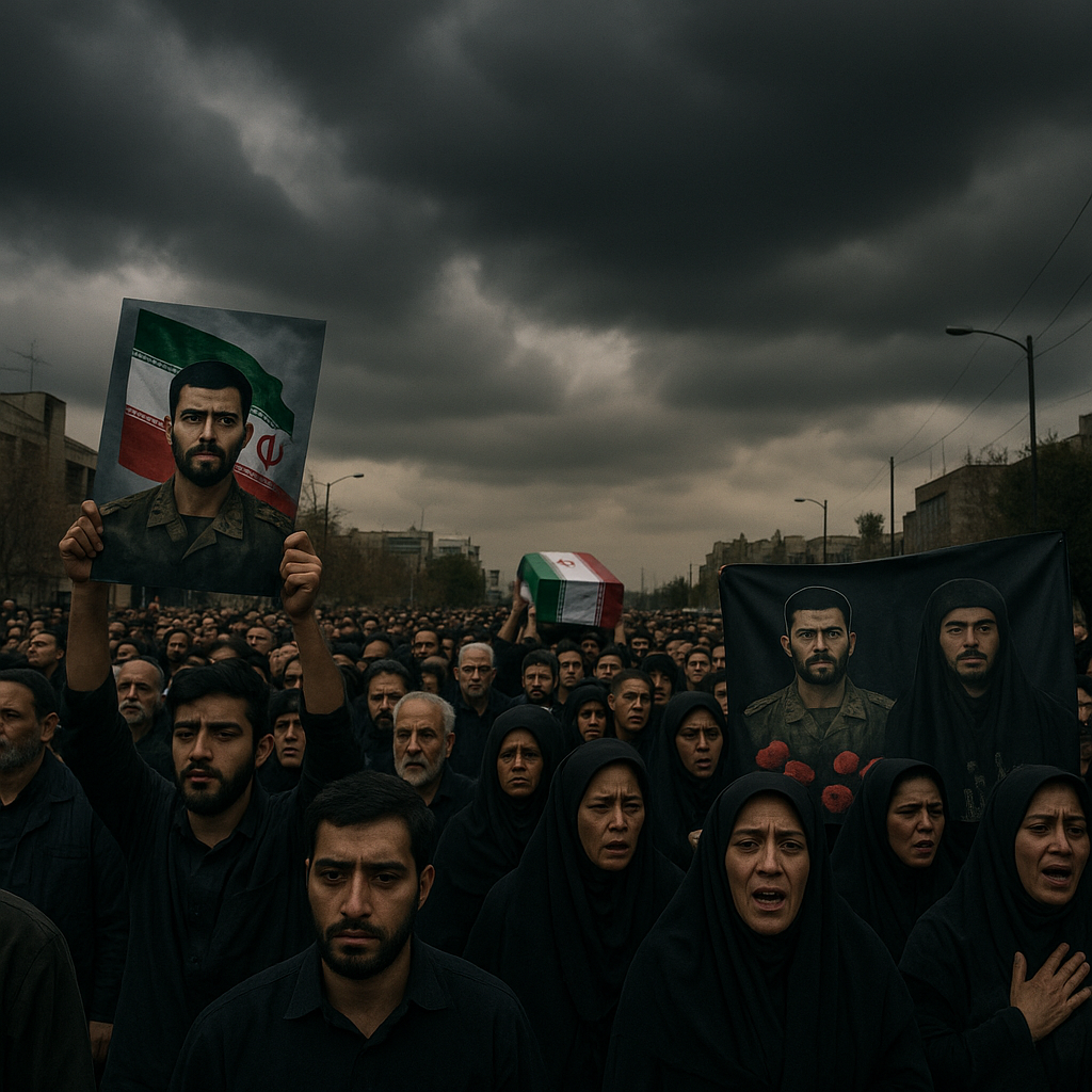 Iranian citizens gathering for a funeral procession in Tehran under dramatic skies