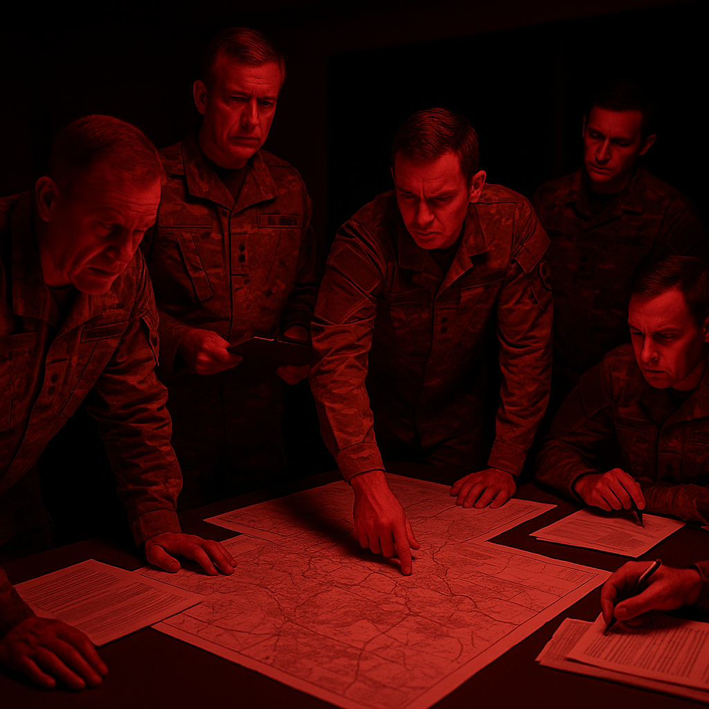 Military troops during a late-night briefing with commanders under subdued red lighting