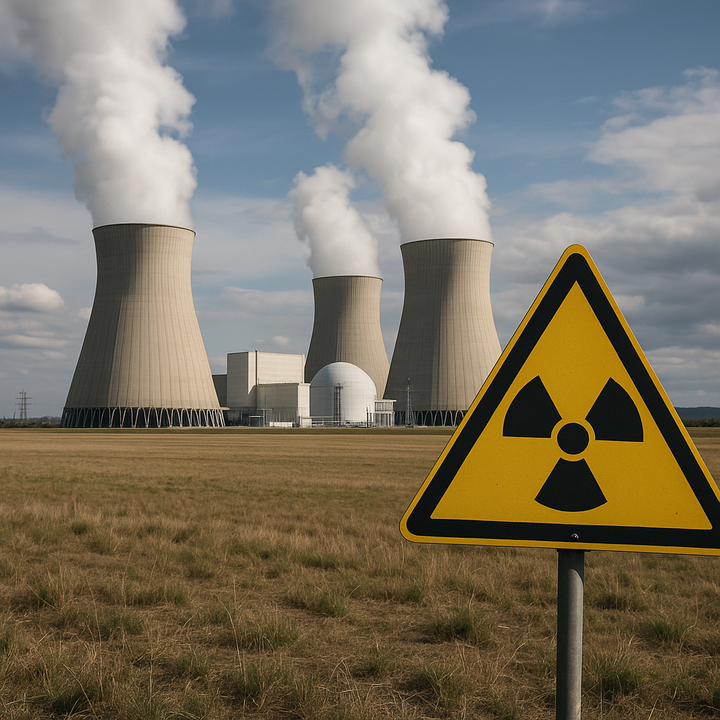 A nuclear power plant with visible smoke stacks and radiation symbol in foreground