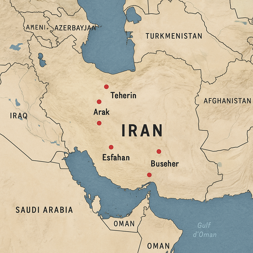 A map highlighting Iran and neighboring regions with key nuclear facilities marked