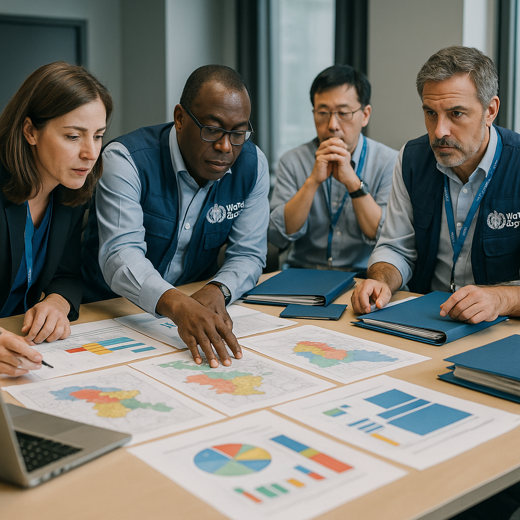 WHO staff reviewing disaster response plans in a conference room setting